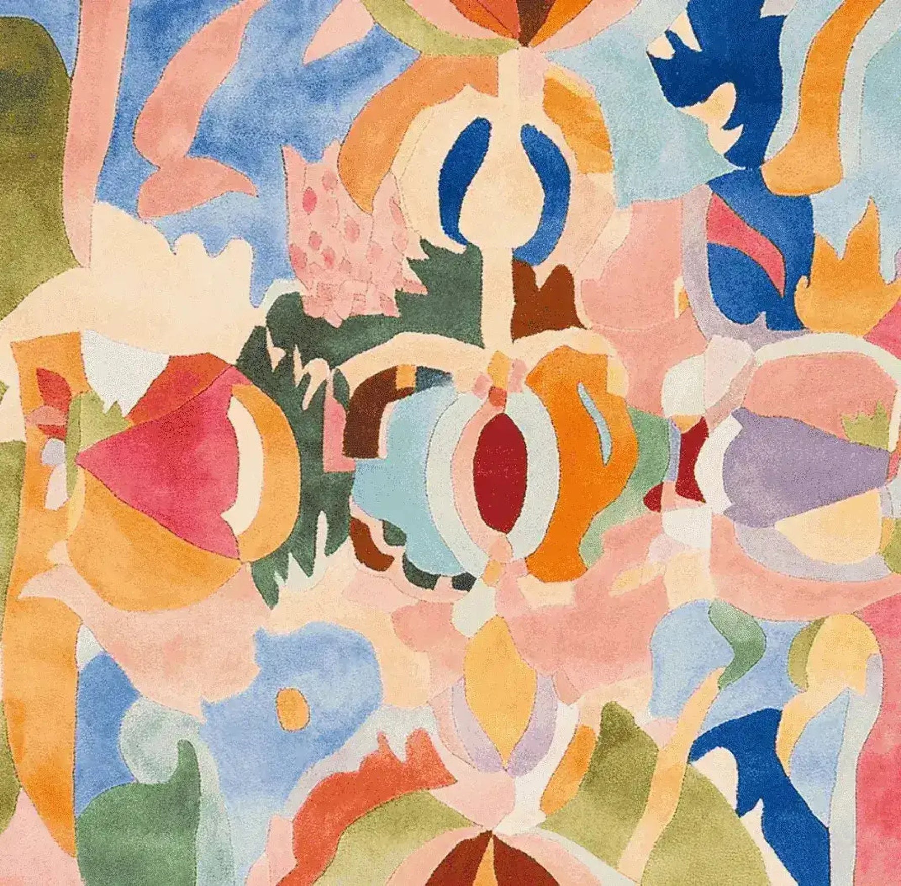 A vibrant and contemporary area rug featuring an abstract design in bold colors like blue, orange, pink, and green. This large square wool rug is perfect for adding a splash of color to a living room. Its hand-tufted texture offers a luxurious feel, ideal for large living room rugs in 8x10 dimensions.