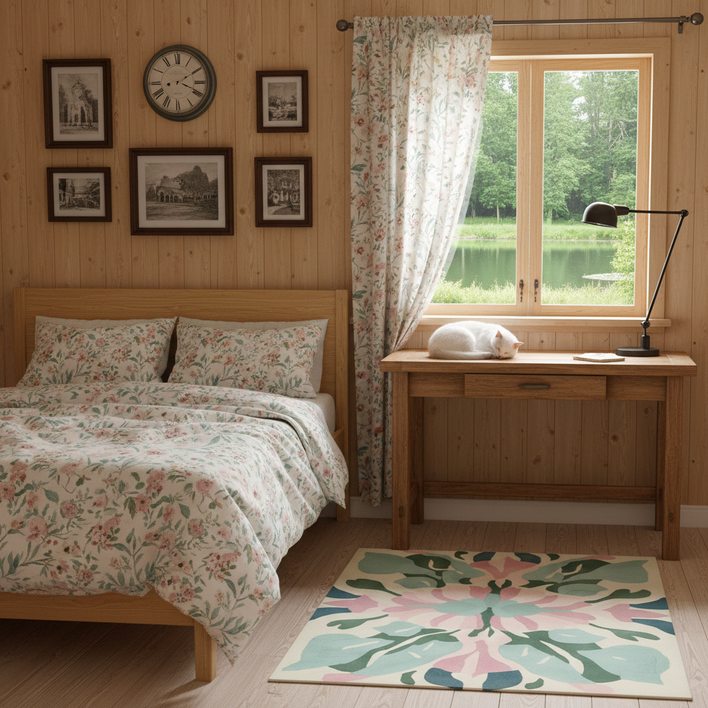 A cozy bedroom scene with a wooden bed dressed in a floral-patterned duvet and matching pillowcases, a matching curtain, a desk with a lamp, framed wall art, and a cat sleeping on the desk. A colorful floral rug is on the floor, and a window looks out to a green lakeside forest.