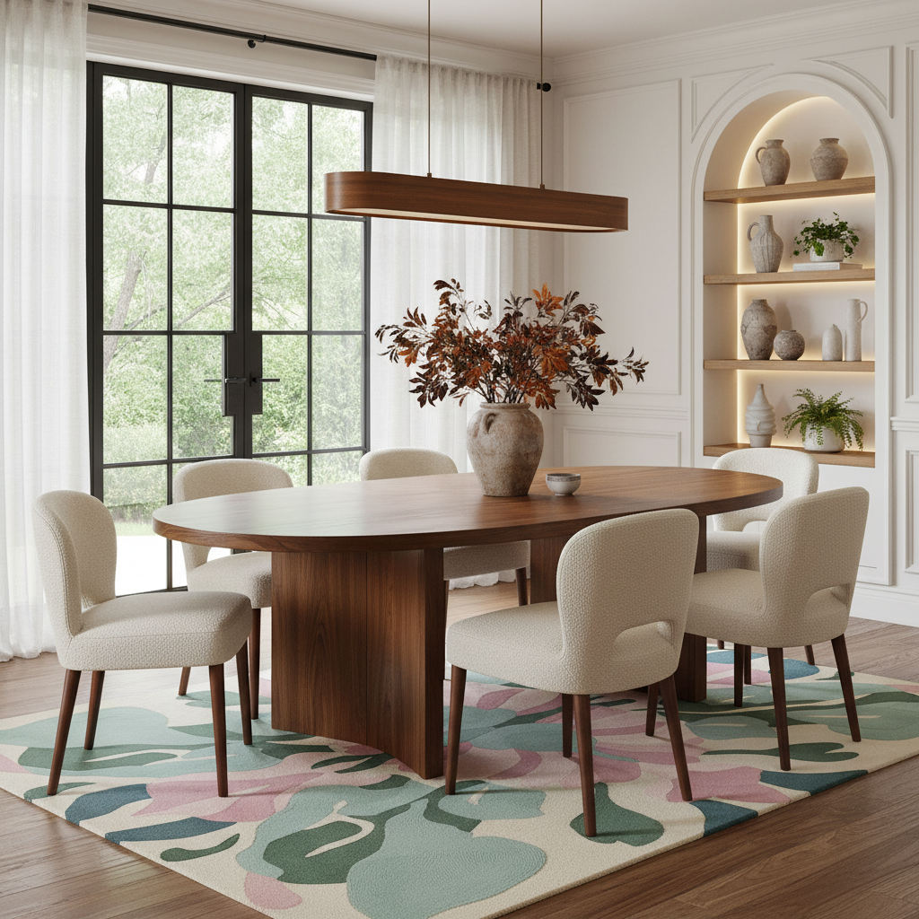 An oval wooden dining table with six upholstered chairs in a bright, modern dining room. The room features white walls, built-in shelves with decorative vases, a large window with black frames, and a colorful abstract-patterned rug.