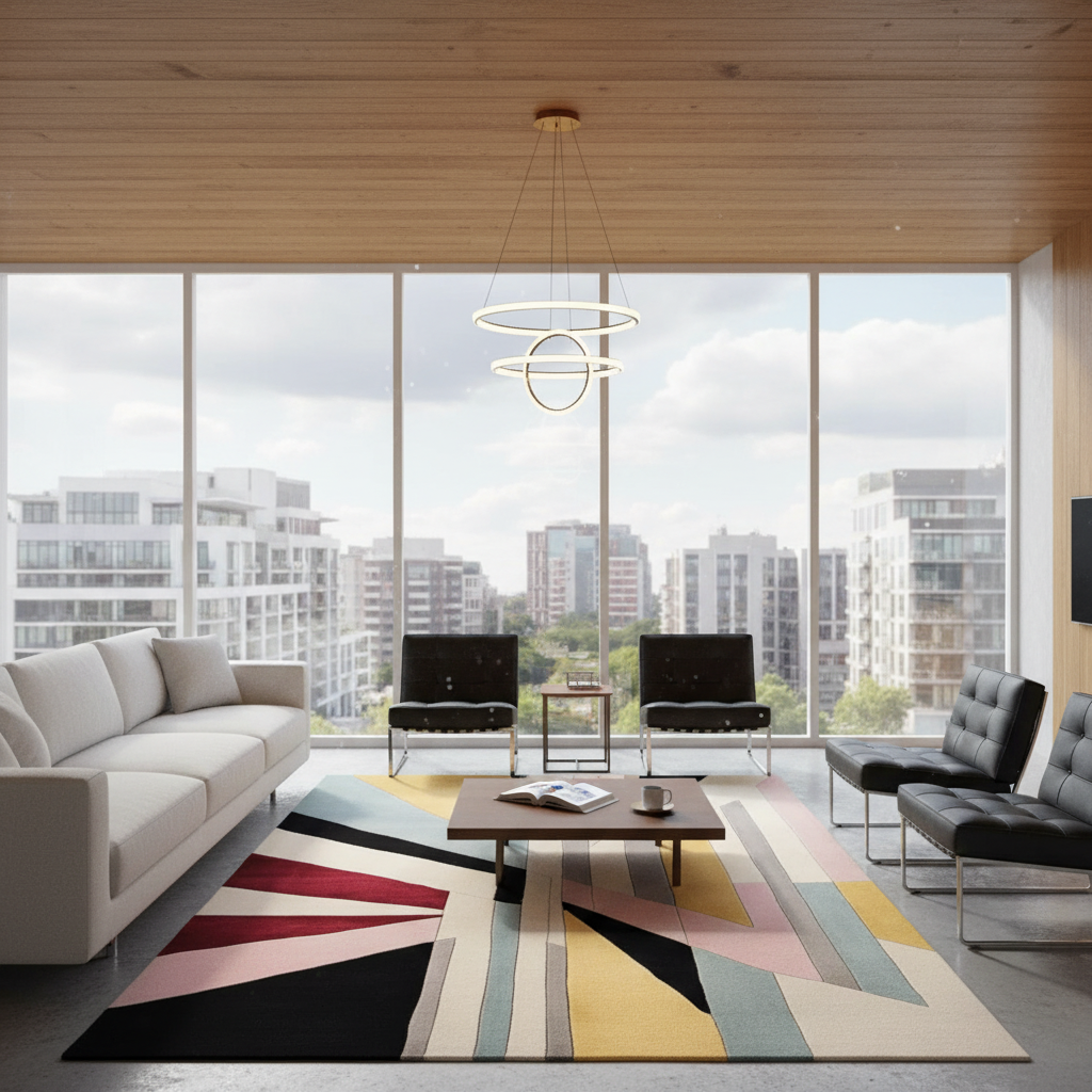 A modern living room interior with a large abstract geometric area rug in black, pink, yellow, blue, and beige tones. The room features a white sofa, black accent chairs, a wooden coffee table, and a double-ring linear pendant light hanging from a light wood ceiling. Large floor-to-ceiling windows offer a view of city buildings.