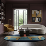 A luxury living room scene featuring a curved cream bouclé sofa, a mustard yellow armchair, a geometric blue and gold rug, and a dark wood-paneled wall with an abstract gold and black painting.