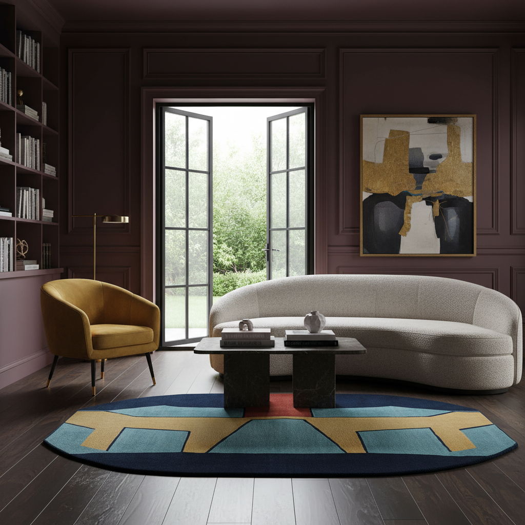 A luxury living room scene featuring a curved cream bouclé sofa, a mustard yellow armchair, a geometric blue and gold rug, and a dark wood-paneled wall with an abstract gold and black painting.