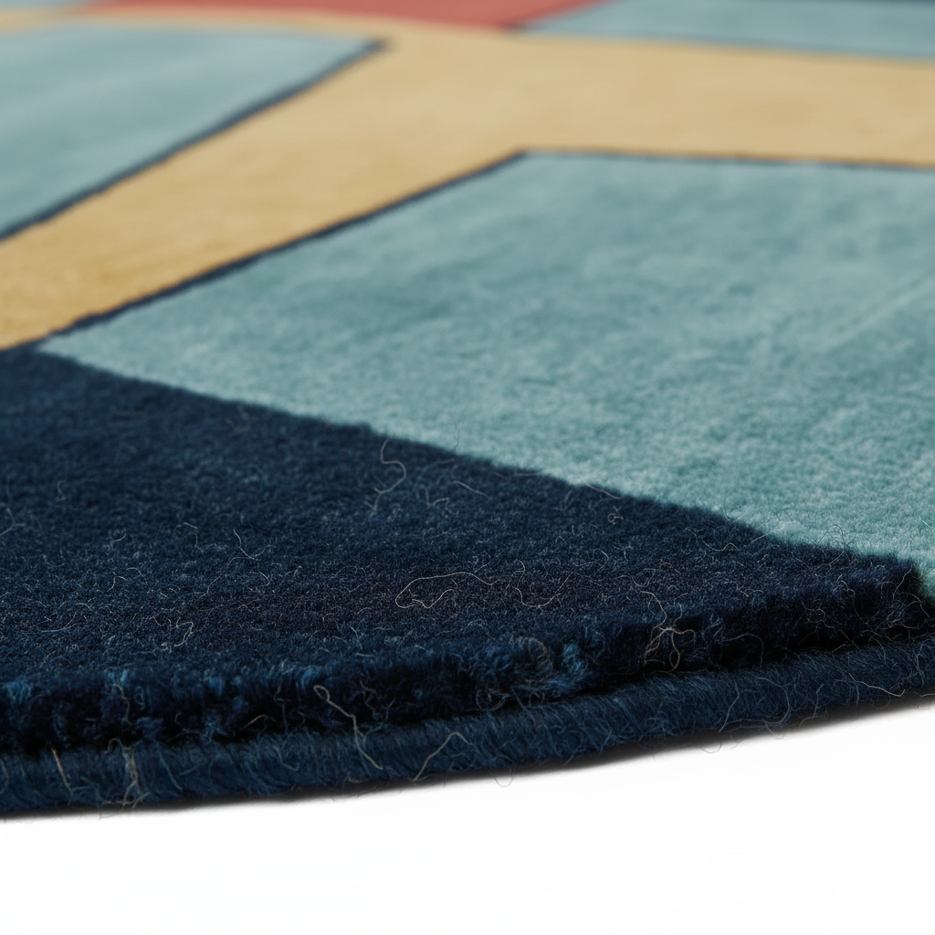Close-up of a geometric area rug with a textured pile, featuring blocks of teal, navy blue, mustard yellow, and red.