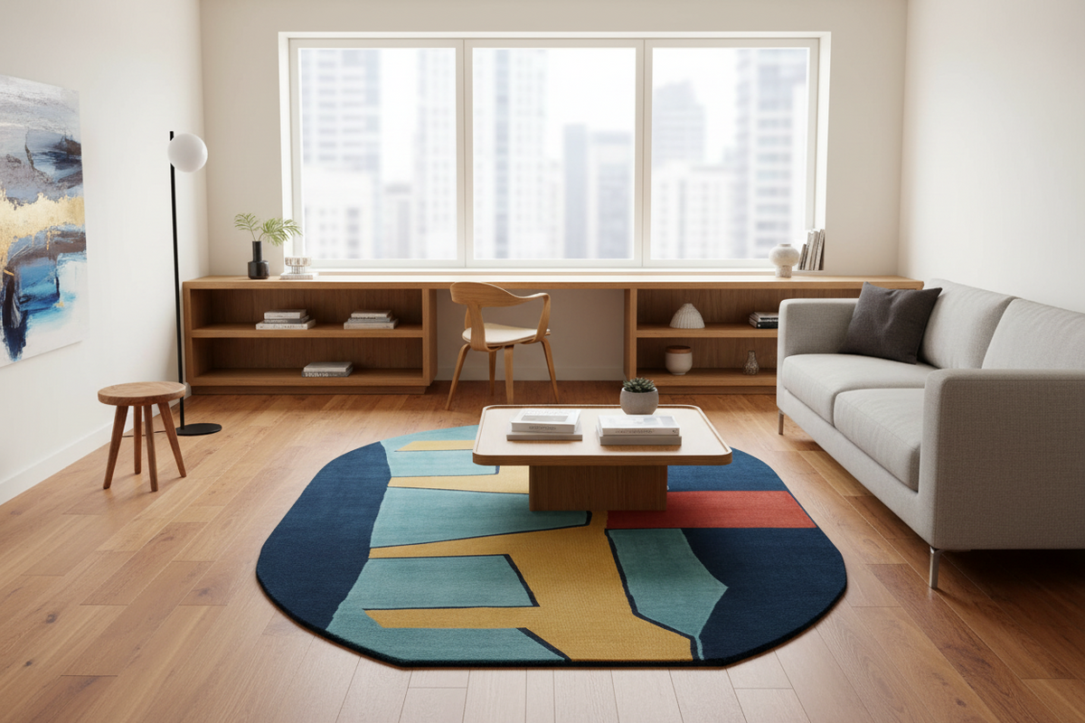 A modern living room scene featuring a prominent round area rug with a bold geometric pattern in navy blue, teal, mustard yellow, and red. The rug is styled on a light wood floor in front of a low wooden coffee table and a light gray sofa, with a large window and city view in the background.