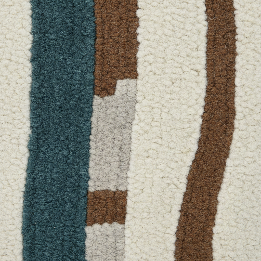 Close-up of a textured sherpa or fleece fabric with vertical wavy stripes in teal blue, brown, light gray, and off-white.