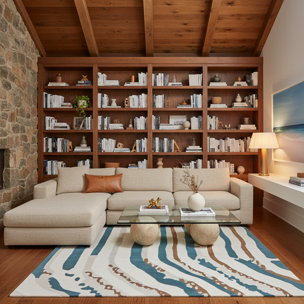 A staged living room featuring a beige sectional sofa with a matching chaise, set in front of a large wooden bookcase. The room has a rustic stone wall on the left, a wood ceiling with exposed beams, and a patterned blue, beige, and white rug under a glass-top coffee table.