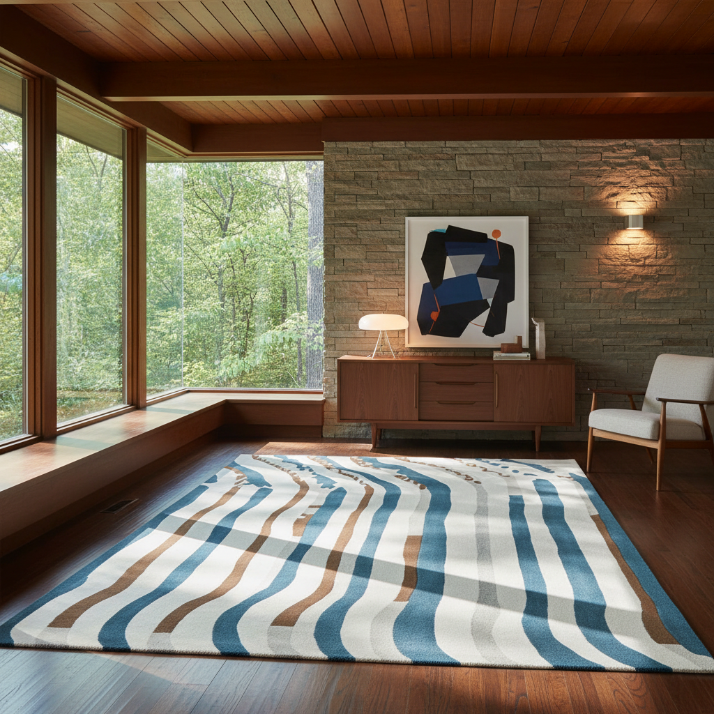 A large rectangular area rug with wavy blue, beige, and brown stripes on a cream base, styled in a modern mid-century modern living room with a wood credenza, stone wall, and large windows.