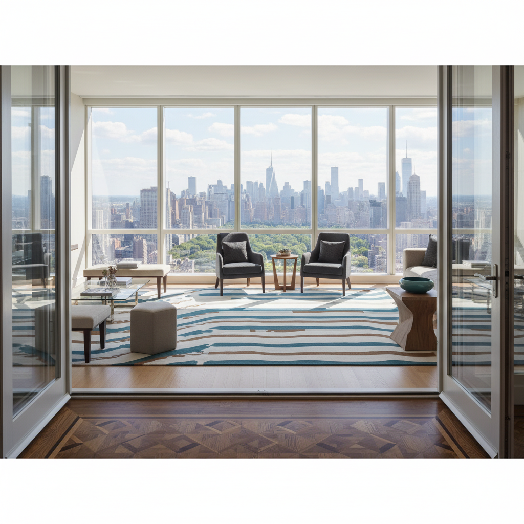 A modern living room interior with large floor-to-ceiling windows overlooking a city skyline. The space features a striped blue, white, and gray area rug, two dark armchairs, small tables, and light wood flooring. The image appears to be a high-end interior design render or staged architectural visualization.