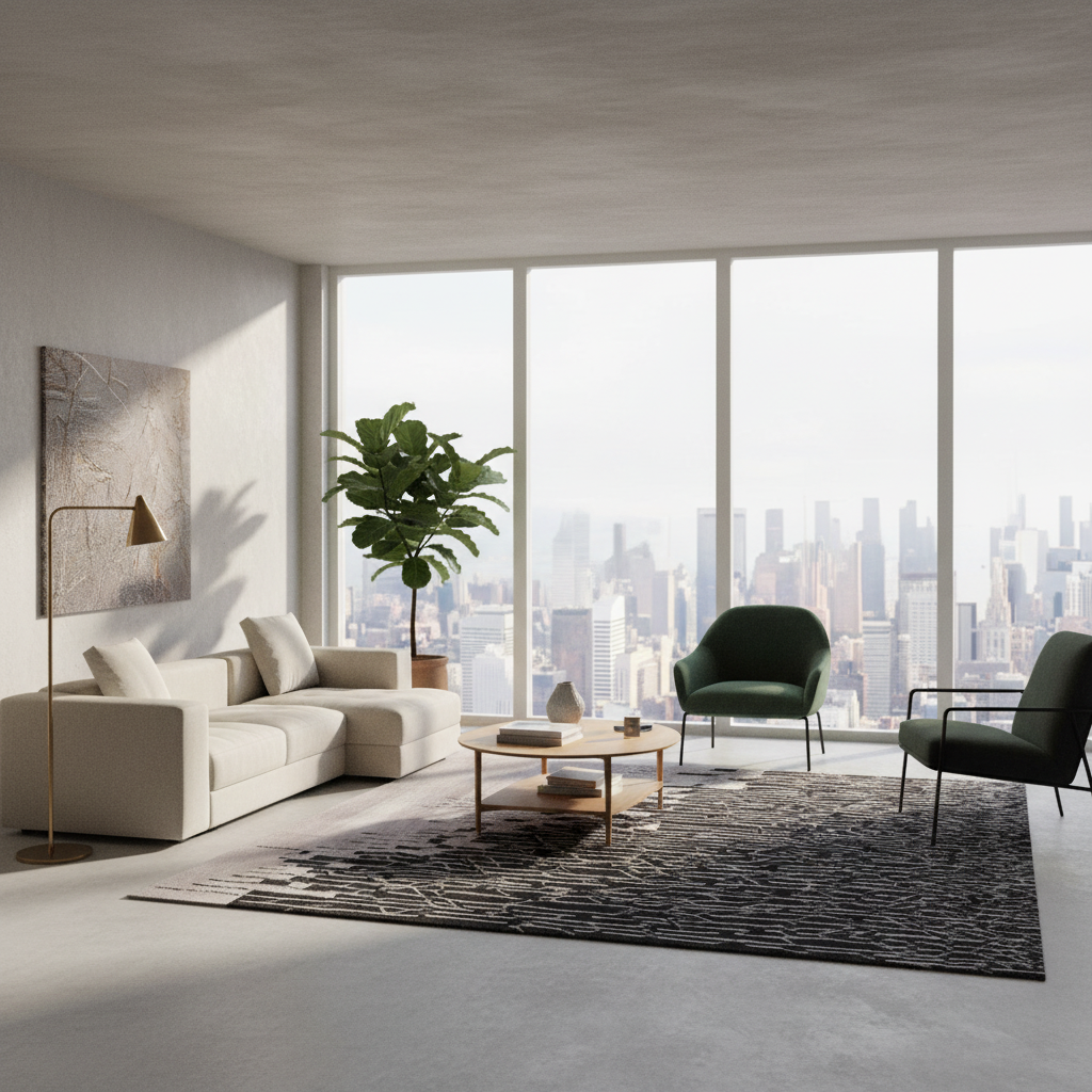 A modern living room with a cream sectional sofa, a dark green armchair, and a black patterned area rug, set against a backdrop of large floor-to-ceiling windows overlooking a city skyline.