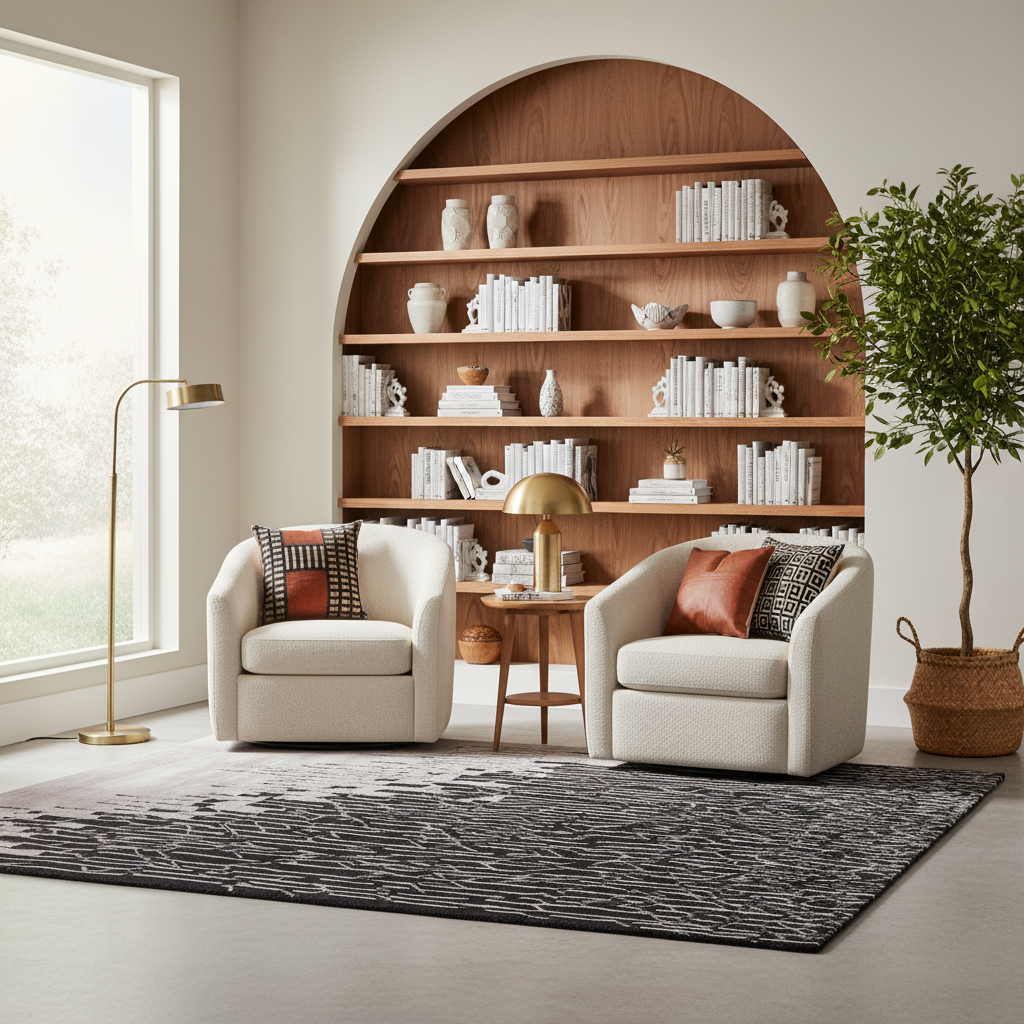 A styled living room scene with two cream upholstered armchairs facing a small wooden side table and gold desk lamp, set in front of a large built-in wooden bookshelf. A patterned area rug covers the floor, with a tall potted tree on the right and a floor lamp on the left. No people or animals are present.