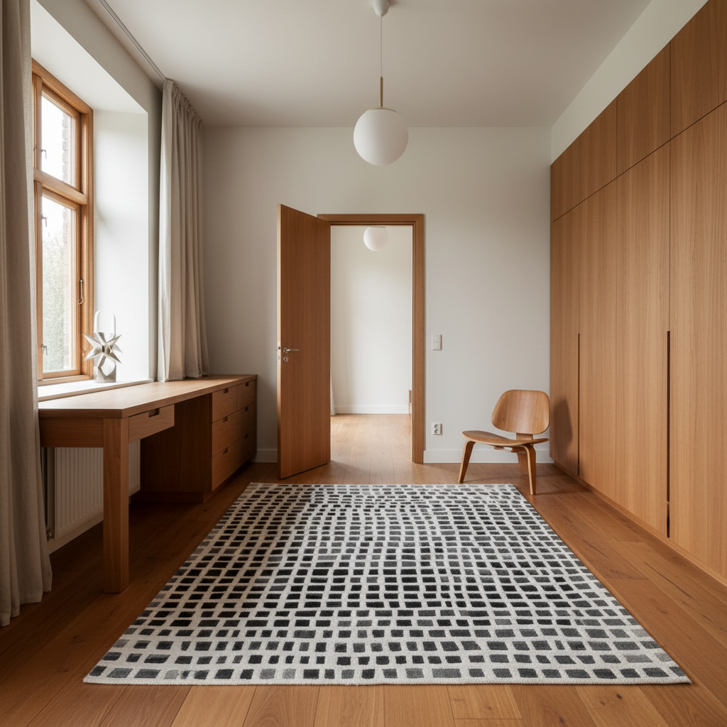 A modern home office interior featuring a large black and white patterned area rug on a light wood floor, a wooden desk by a window, a mid-century style wooden chair, and a large built-in wooden wardrobe.
