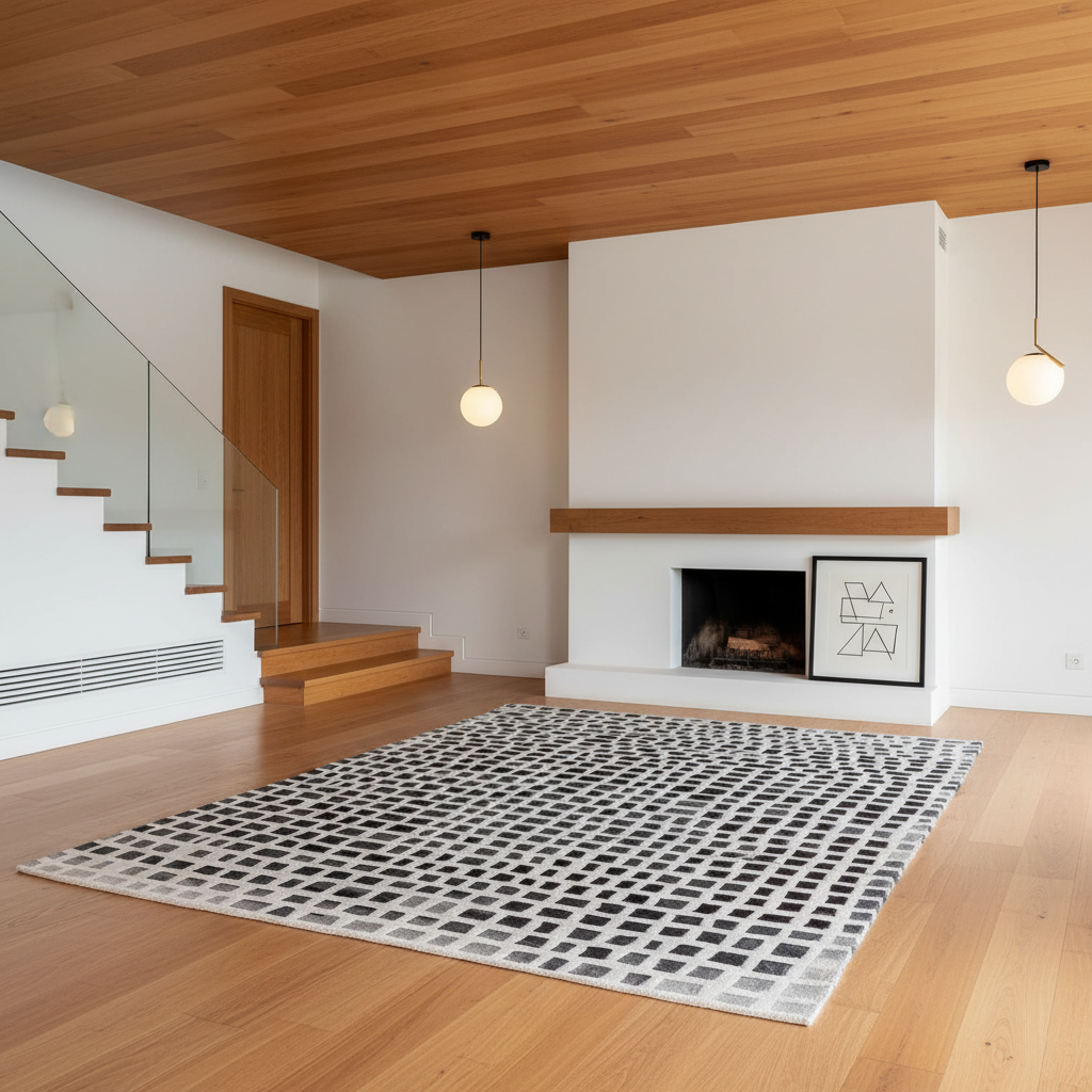 A large rectangular area rug with a black, gray, and white geometric grid pattern, styled in a modern minimalist living room with light wood floors and a white fireplace.