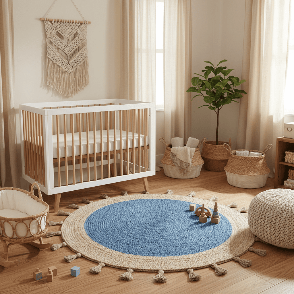 Fringed Blue Round Jute Rug