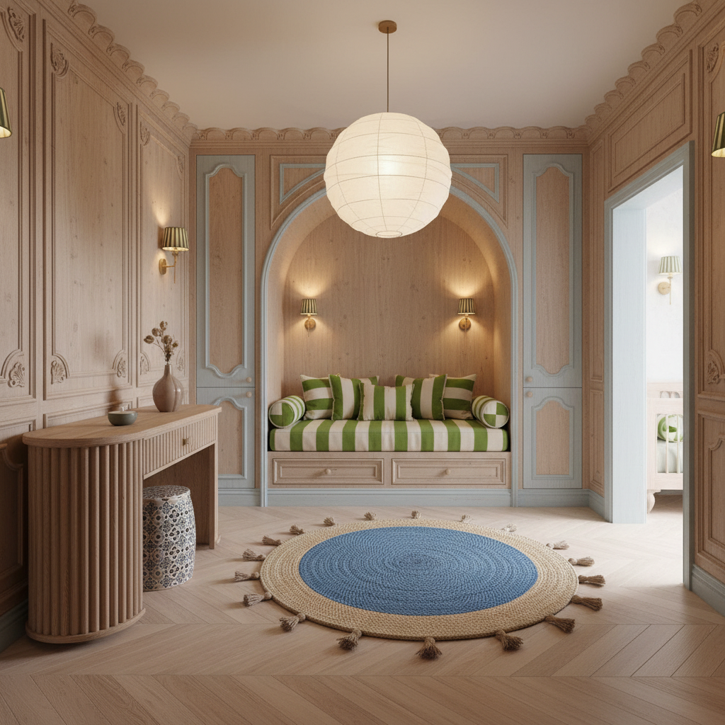 A beautifully styled nursery or playroom corner featuring a built-in daybed with green and white striped cushions, a large white spherical pendant light, a round blue and beige woven rug, and ornate light wood paneling.
