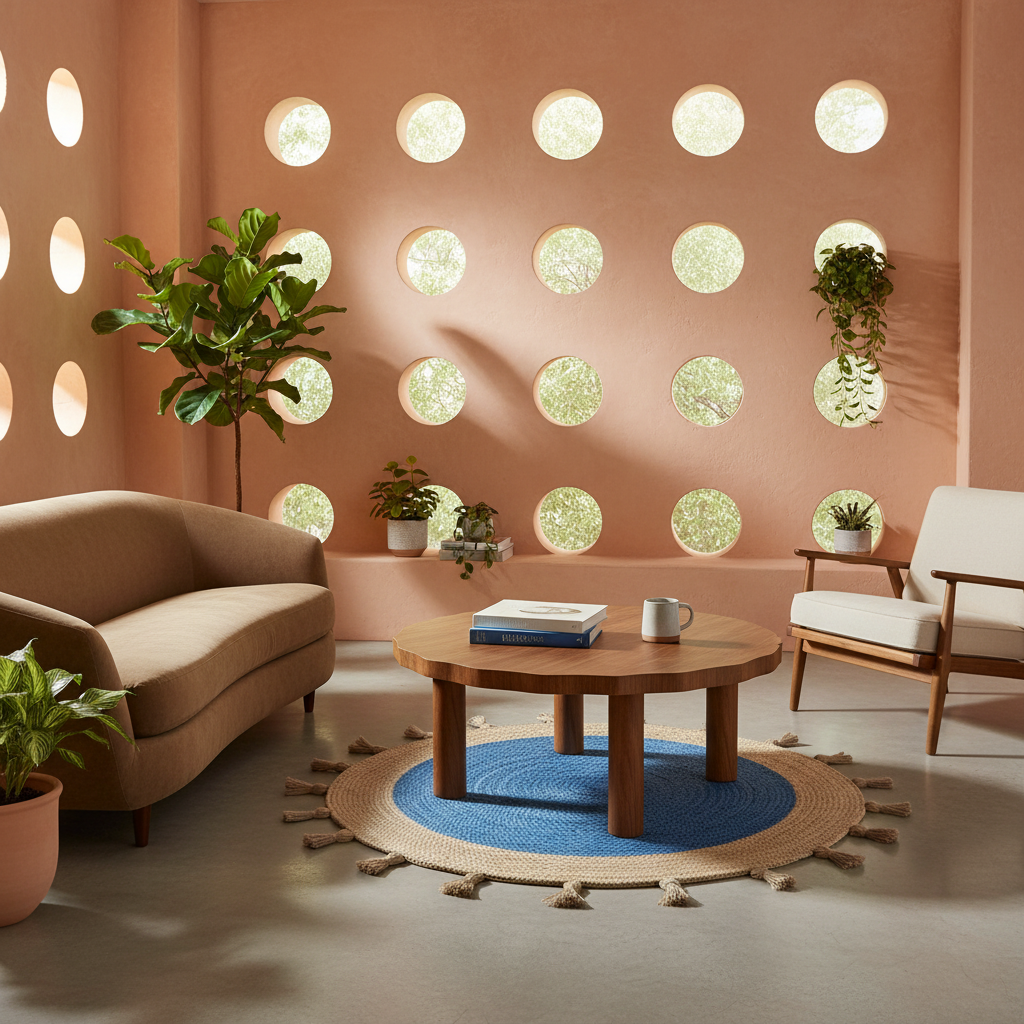 A styled living room corner with a peach-pink wall featuring circular cutouts, a beige sofa, a wooden coffee table, a blue round rug, and several potted plants.