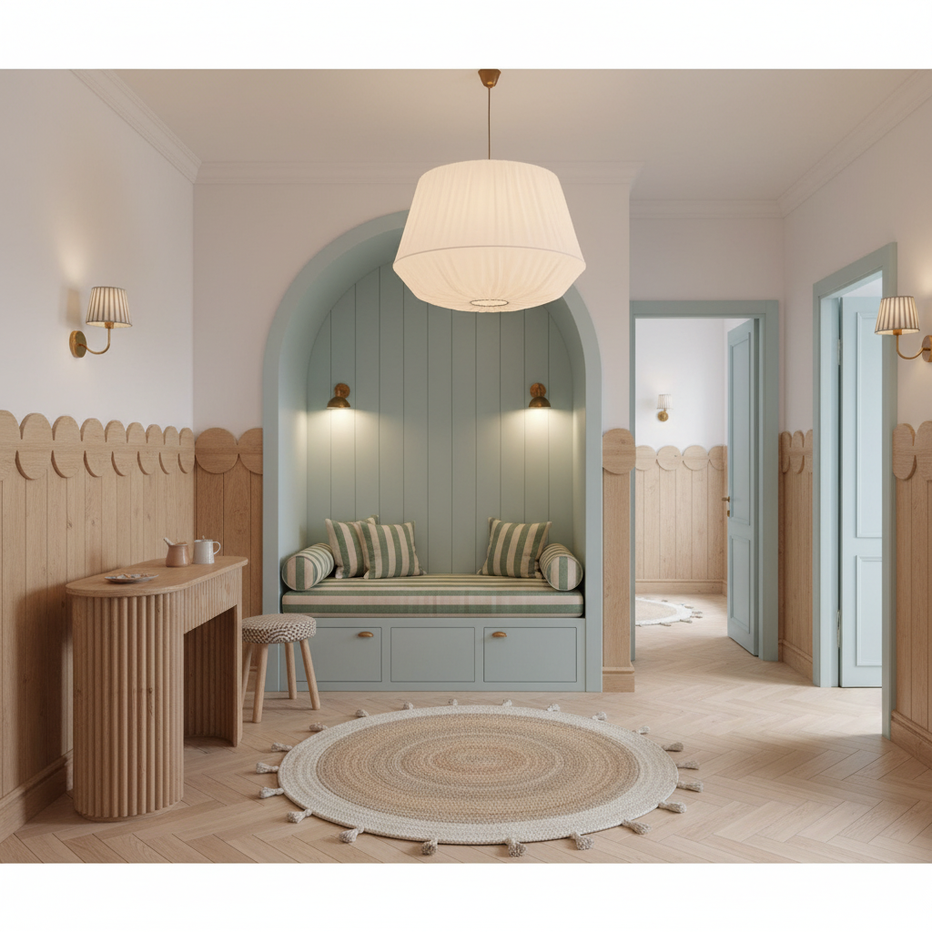 A beautifully styled interior room featuring a light blue painted wooden bench with striped cushions under a white pleated pendant lamp, set in a warm, modern minimalist space with light wood paneling and herringbone flooring.