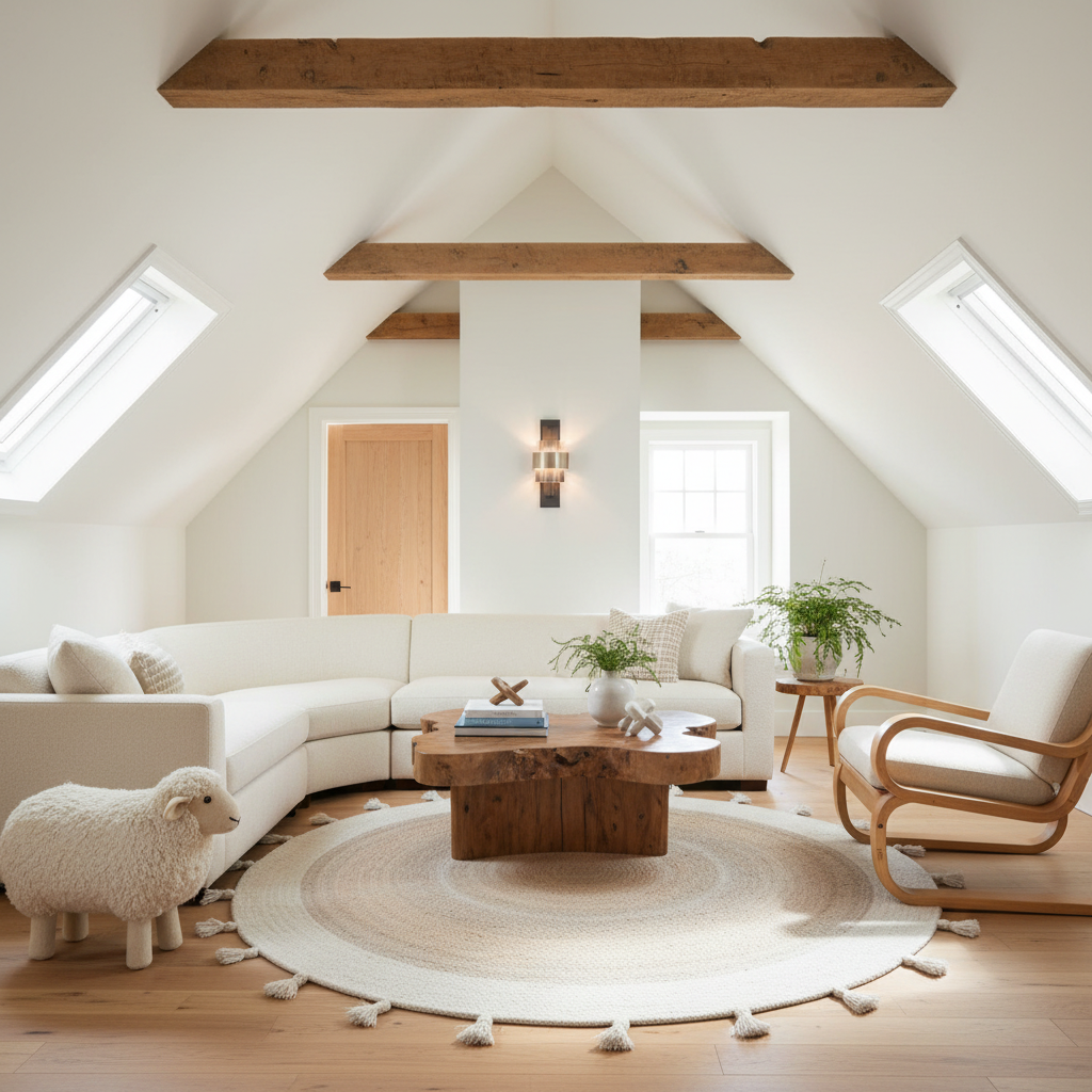 A bright, modern living room with a curved cream sectional sofa, a rustic wooden coffee table, a round braided rug with tassels, a wooden armchair, and a decorative sheep figurine on a light wood floor. The room features a high sloped ceiling with exposed wooden beams and skylights.
