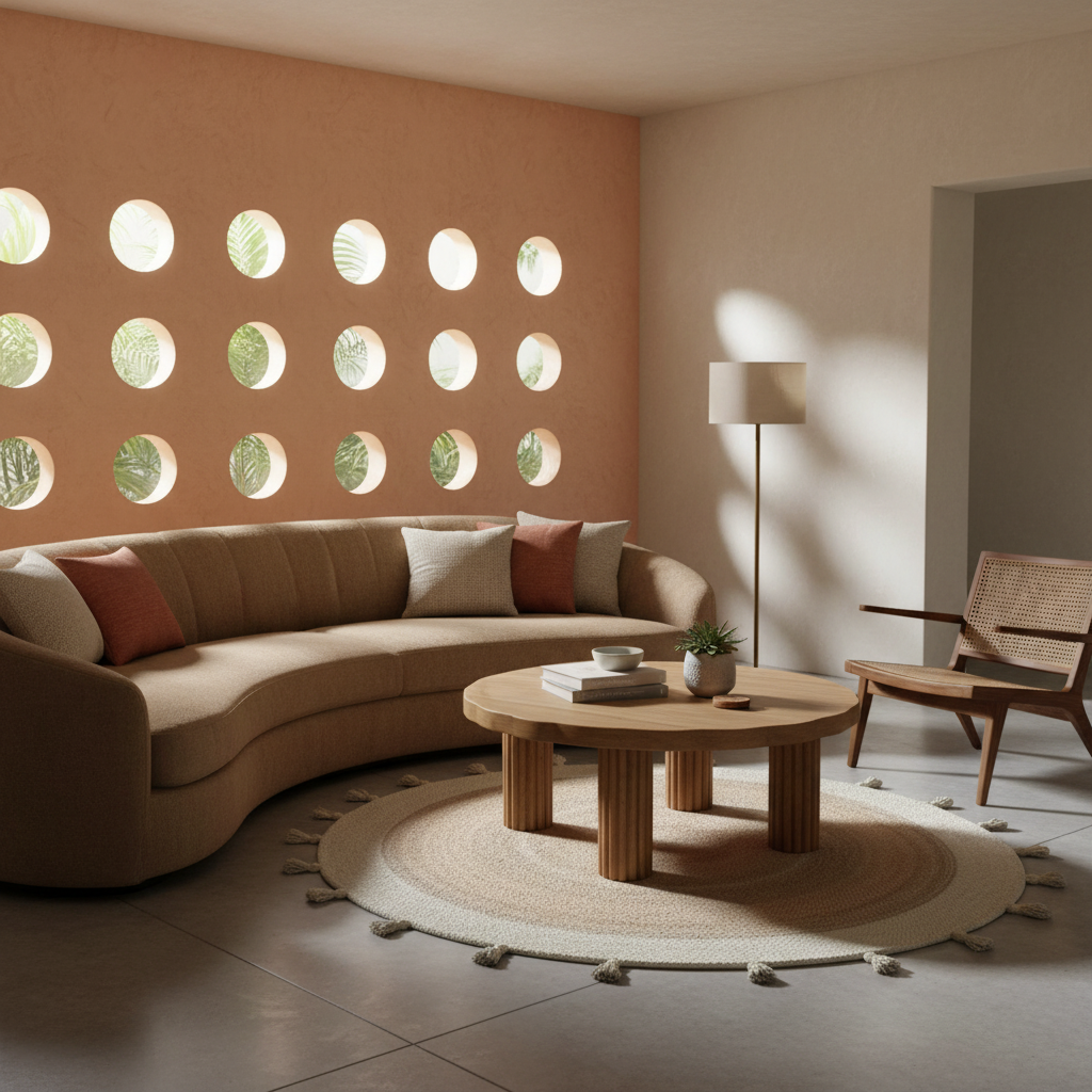 A modern living room featuring a curved beige sectional sofa with accent pillows, a round wooden coffee table on a woven rug, a mid-century style armchair, and a terracotta-colored wall with circular cutouts.