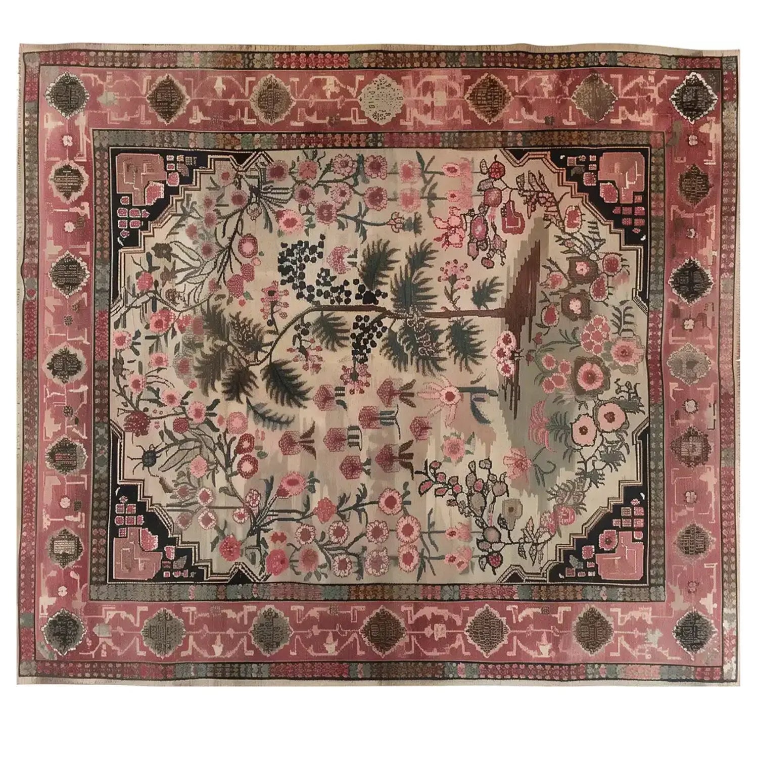 Fuchsia Harmony Knotted Wool Area Rug featuring an intricate floral design with vibrant pink and earthy tones. Perfect for adding a touch of elegance to your living room, this 8x10 floral rug creates a warm and inviting atmosphere.