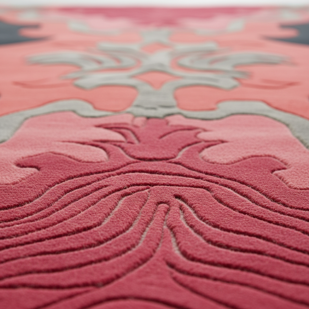 Close-up of a textured area rug with a raised floral damask pattern in shades of pink, coral, and light gray.