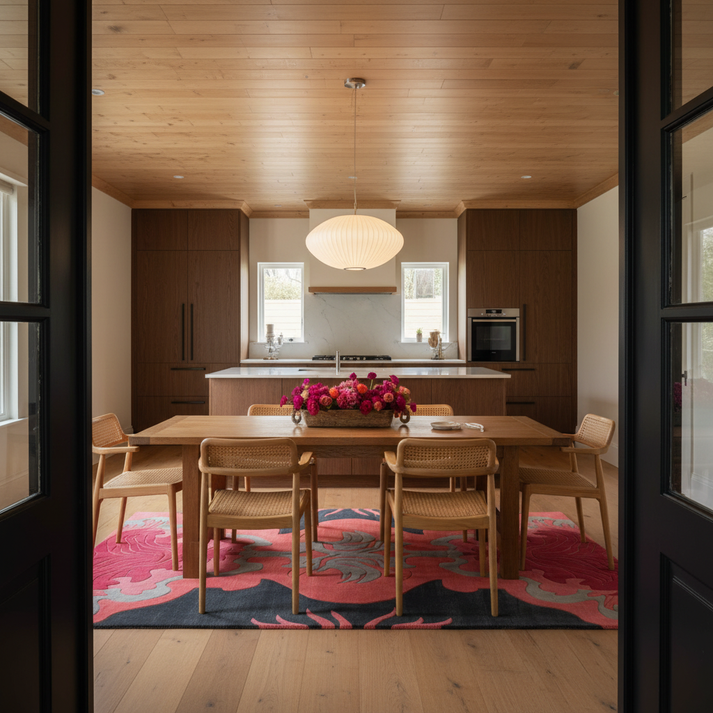 A modern dining room with a wooden dining table and four woven-back chairs, set on a bold pink, red, and navy patterned area rug. The room is viewed through black-framed glass doors, looking into a contemporary kitchen with dark wood cabinets and a light wood ceiling.