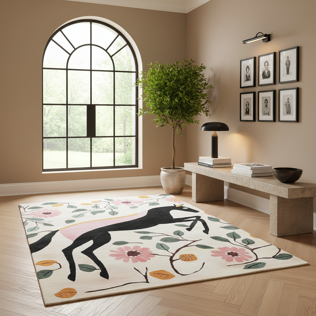 A rectangular area rug with a cream background, featuring a black horse silhouette, pink flowers, and green leaves, styled in a modern living room setting.