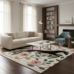 A styled living room featuring a large cream-colored area rug with a colorful botanical pattern of pink flowers, green leaves, and black birds. The rug is styled in a modern living room setting with a cream sofa, a teal armchair, a wooden coffee table, and a dark wood shelving unit.