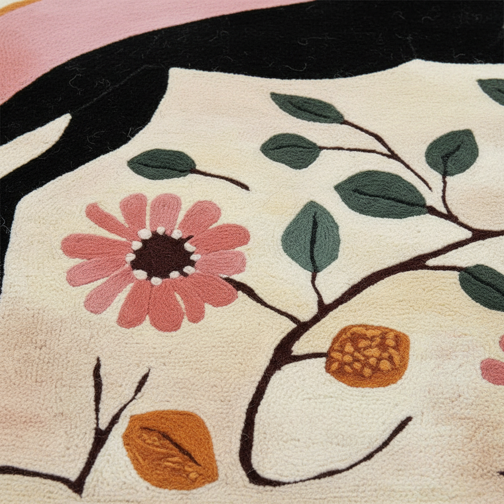 Close-up of a textured rug featuring a pink flower, green leaves, and orange-brown acorns on a cream background with a black border.