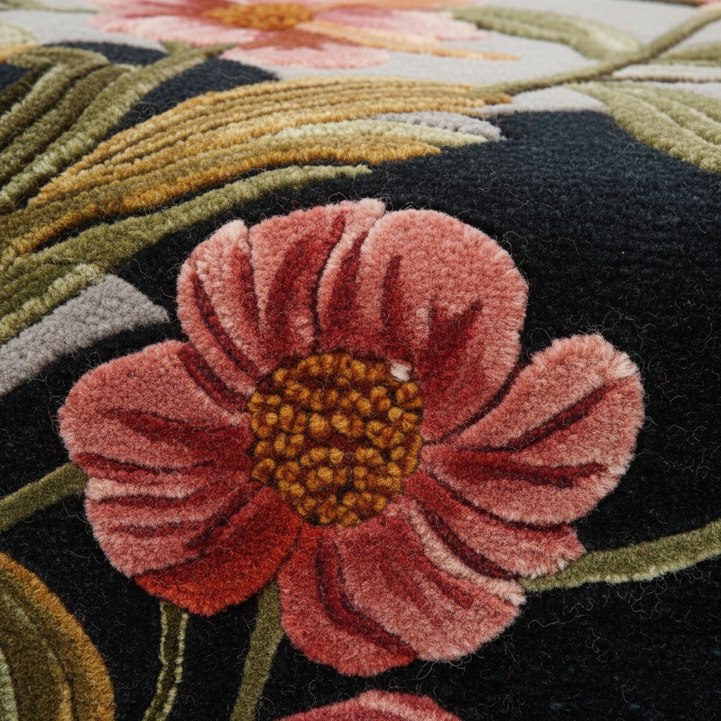 Close-up of a textured floral rug featuring a prominent pinkish-red flower with a brown center, surrounded by olive green leaves on a dark background.