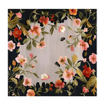 A square floral wall hanging or tapestry featuring a circular border of pink, red, and orange flowers with green leaves on a black background, surrounding a central silver-gray circular panel.