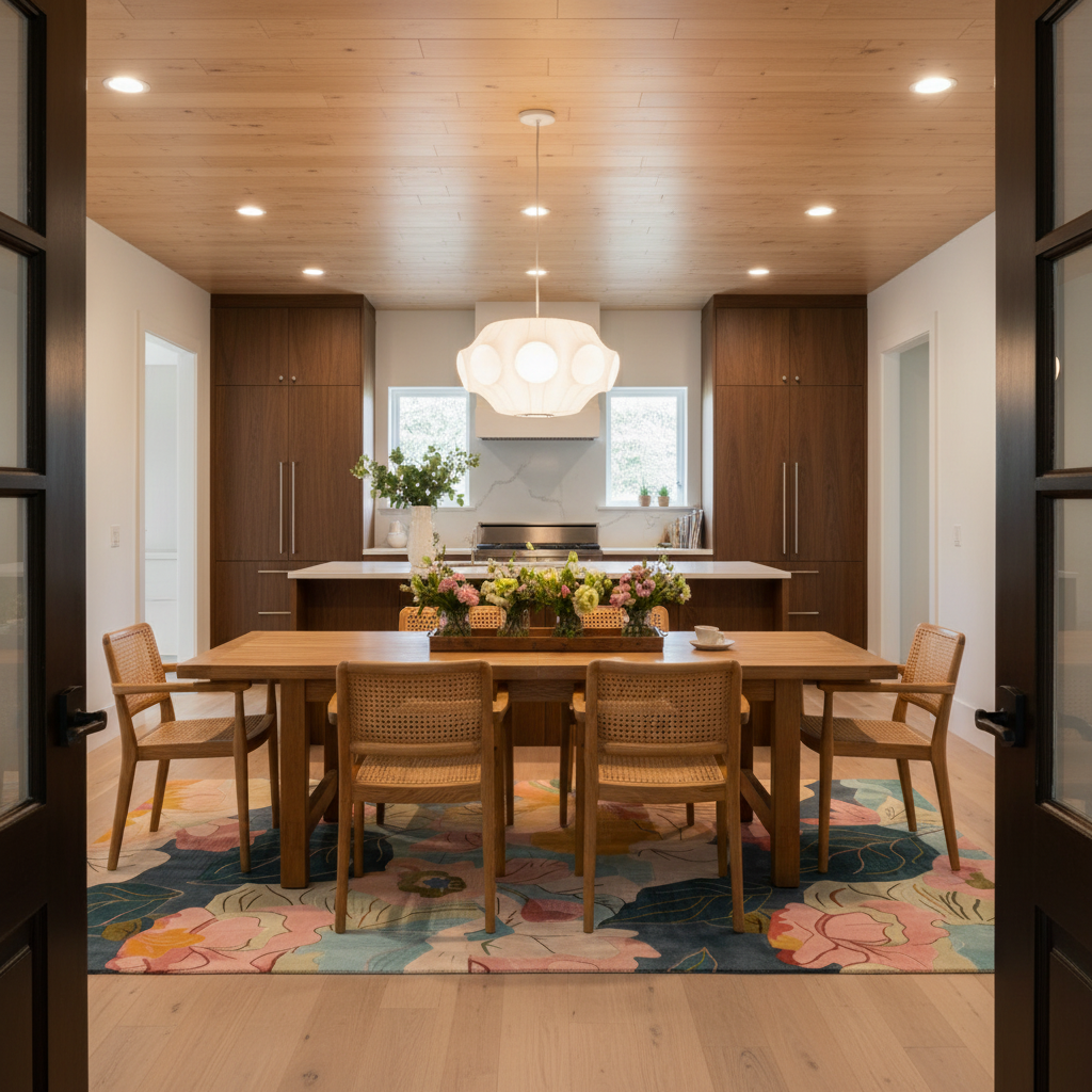 A modern dining room with a wooden dining table and four woven-back chairs, positioned over a colorful floral area rug. The room is viewed through dark-framed glass doors, looking into a bright kitchen with wood cabinets, a light wood ceiling, and a white pendant light.