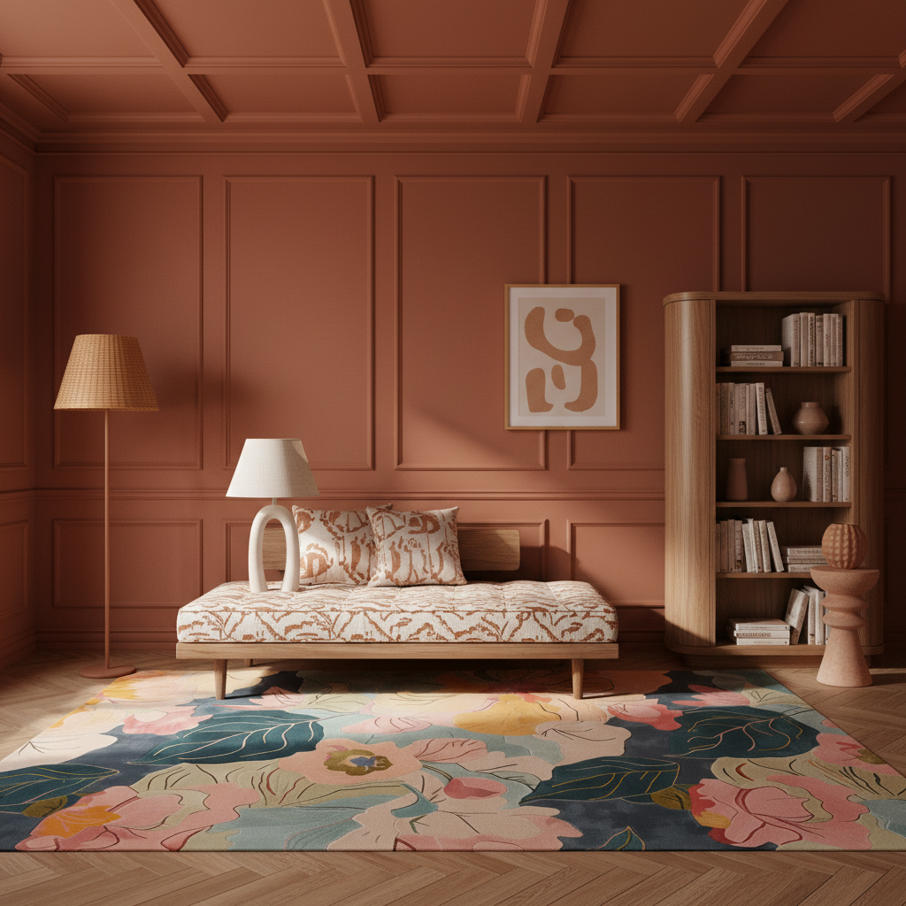A styled interior room with warm terracotta walls and ceiling, featuring a patterned daybed, floor lamp, bookcase, and a large colorful floral area rug on a wood floor.