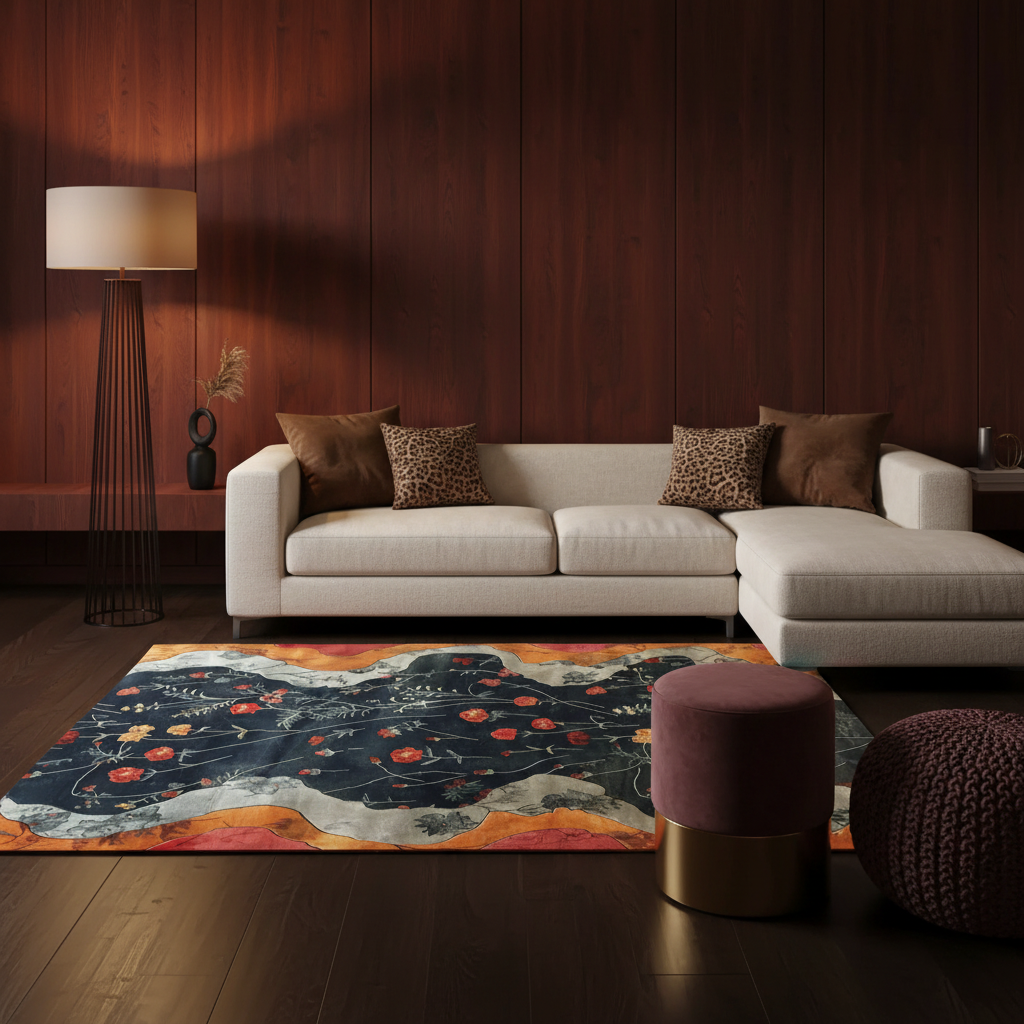 A colorful abstract area rug with a dark blue, orange, and cream pattern, styled in a modern living room setting with a white sectional sofa, brown wood-paneled wall, and a black floor lamp.