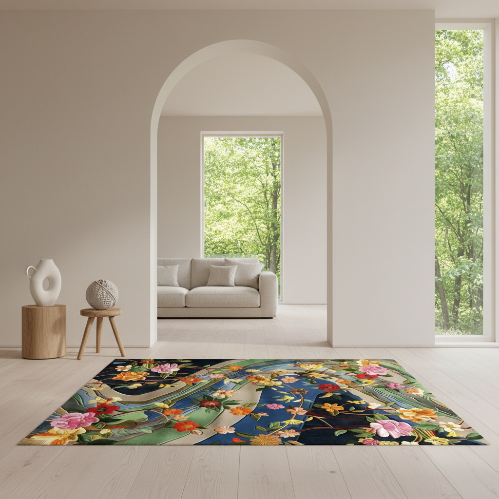 A rectangular area rug with a vibrant, multicolored floral and bird pattern is displayed on a light wood floor in a modern, minimalist living room. The room features a large arched doorway leading to a light gray sofa and a lush green outdoor view.