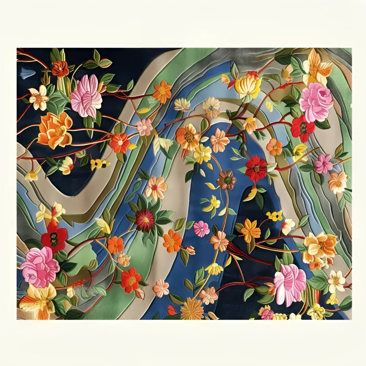 A square art print or textile pattern featuring a dense arrangement of colorful flowers and leaves over layered abstract wavy bands in blue, green, beige, and gray, presented on a cream background.