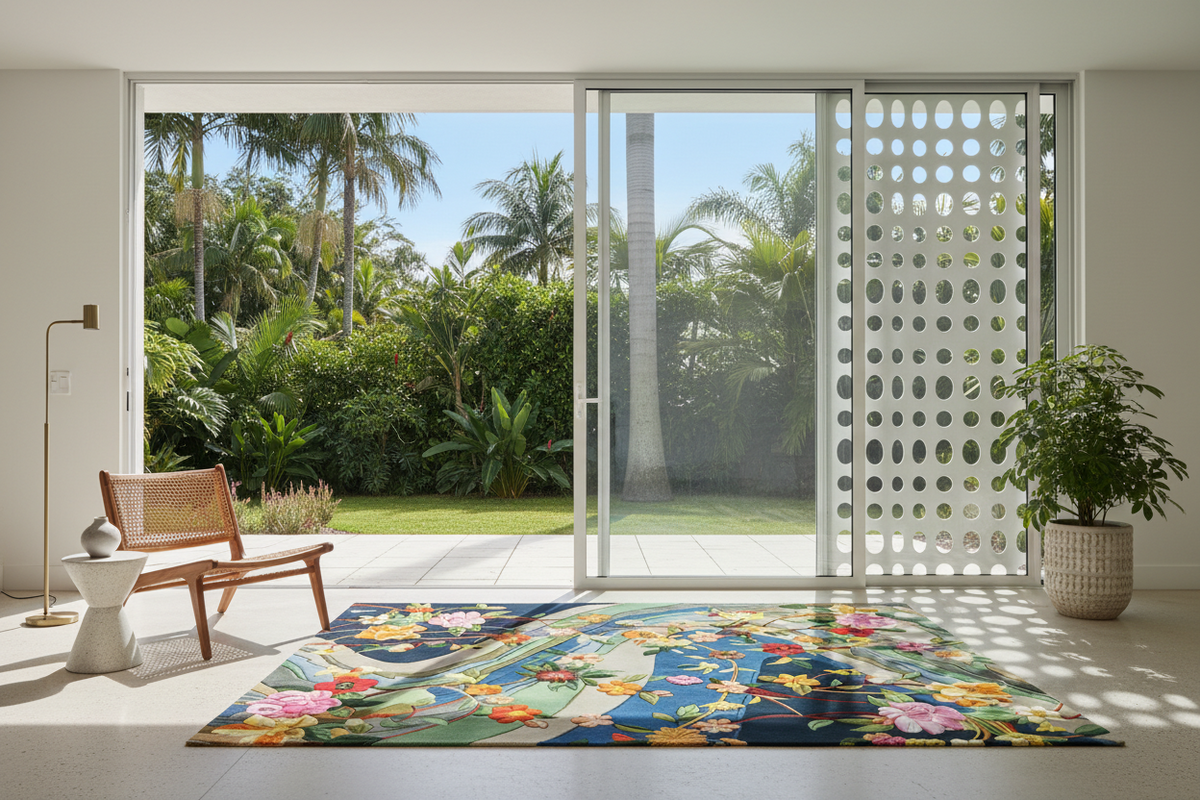 A colorful area rug with a Japanese-style floral and kimonu pattern is displayed in a modern, sunlit room with large glass doors overlooking a lush tropical garden. A wooden chair, a side table with a floor lamp, and a potted plant are arranged around the rug.