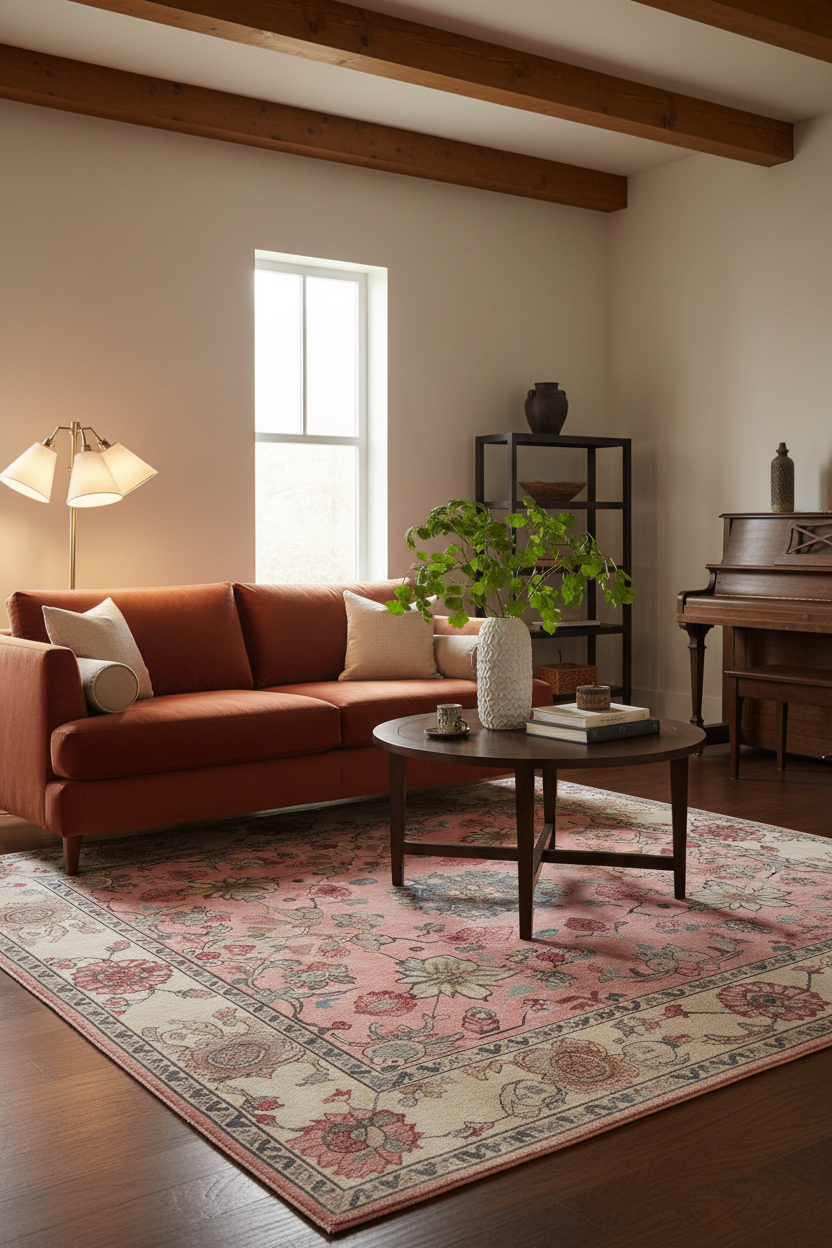 A styled living room featuring a rust-orange sofa, a round dark wood coffee table, a large pink and beige floral area rug, and a potted green plant on the table.