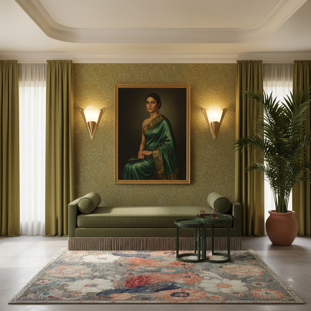 A styled interior room with a large framed portrait of a woman in a green sari hanging on an olive-green textured wall above a matching green chaise lounge. The room includes olive drapes, two wall sconces, a potted palm, a patterned rug, and a small round side table.