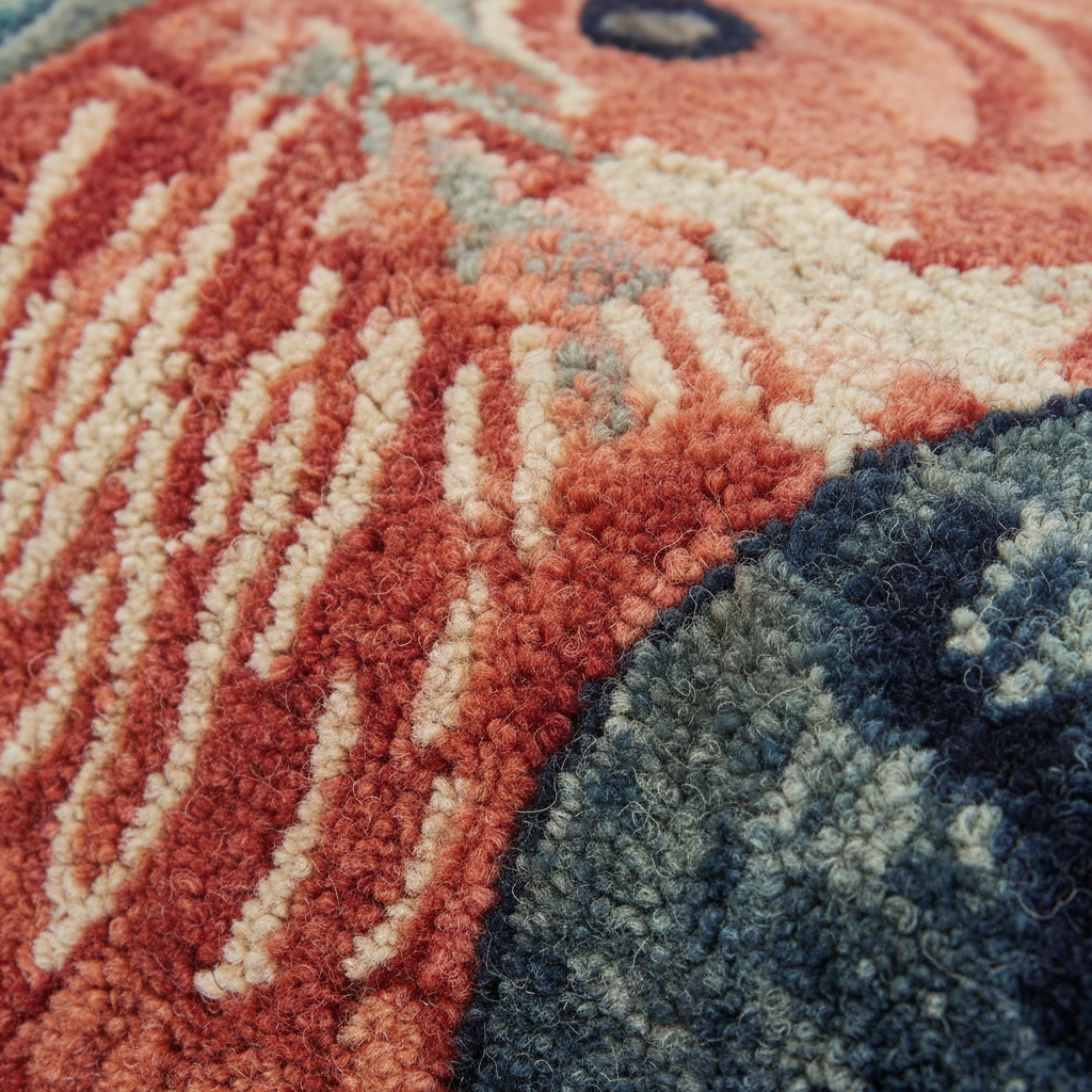 Close-up of a textured area rug with a chunky looped pile, featuring a pattern of terracotta, cream, slate blue, and navy.