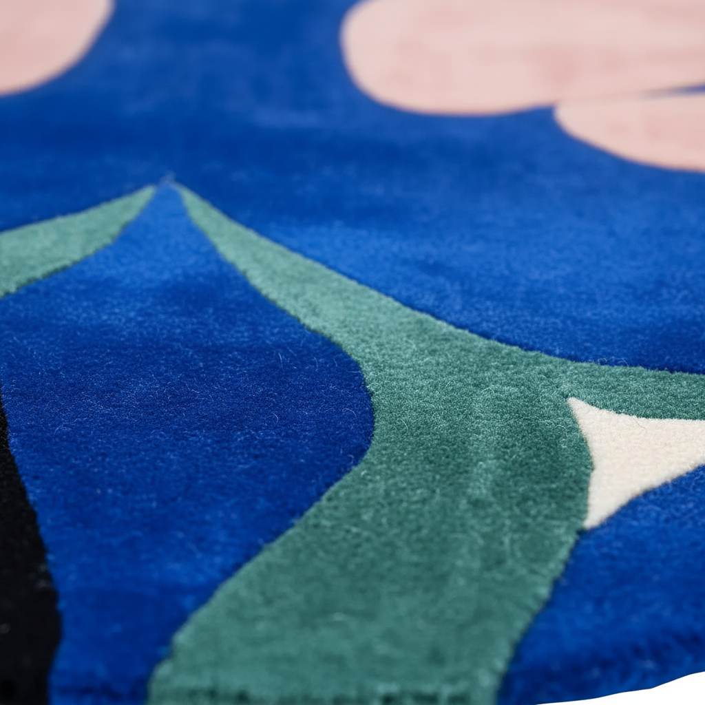 Close-up of a plush area rug with a bold abstract pattern in royal blue, sage green, pink, and white, showing the soft pile texture in sharp focus.