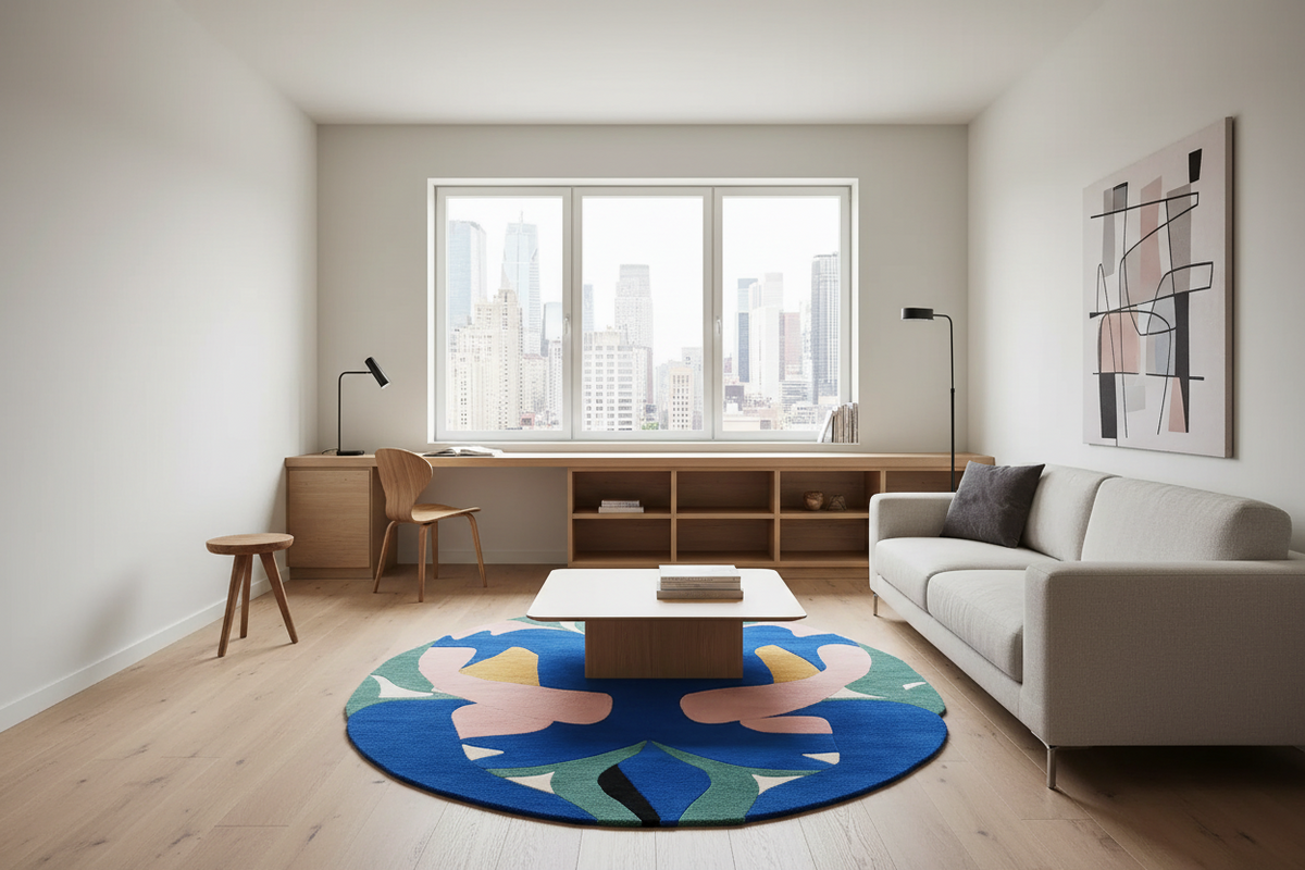A modern living room with a light gray sofa, a round blue rug with abstract pink and green patterns, a wooden coffee table, and a large window overlooking a city skyline.