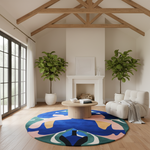 A bright, modern living room with a large round area rug featuring an abstract multicolor pattern in blue, pink, green, and beige. The room has a white fireplace, exposed wooden ceiling beams, two potted fiddle-leaf fig plants, a white tufted armchair, and a round wooden coffee table.
