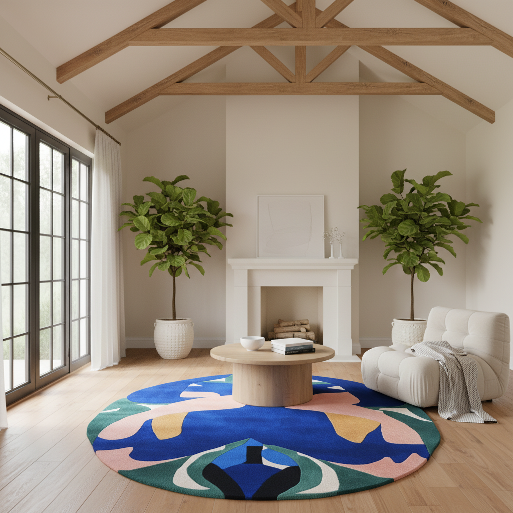 A bright, modern living room with a large round area rug featuring an abstract multicolor pattern in blue, pink, green, and beige. The room has a white fireplace, exposed wooden ceiling beams, two potted fiddle-leaf fig plants, a white tufted armchair, and a round wooden coffee table.