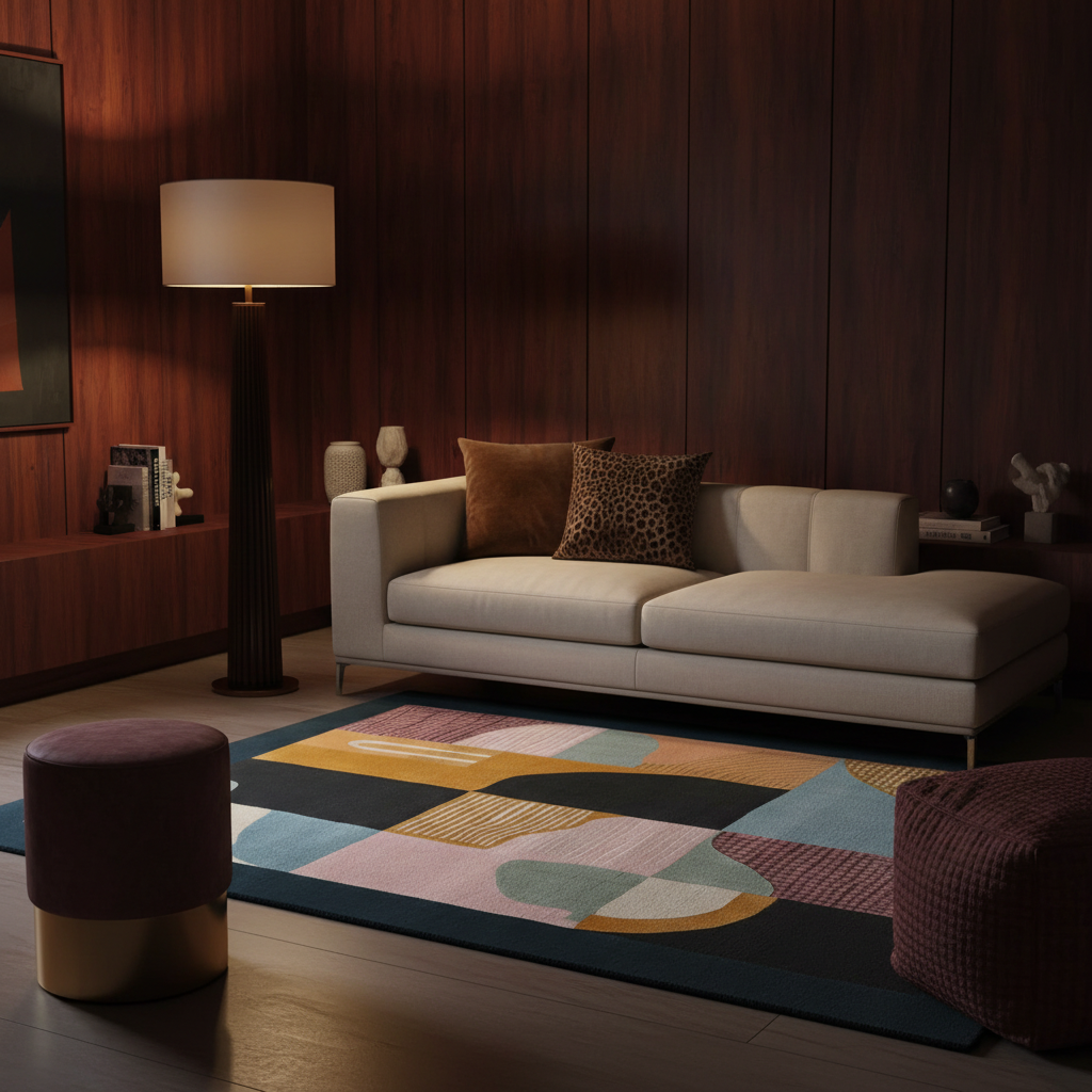 A modern living room scene featuring a large abstract area rug with geometric shapes in teal, pink, mustard, and cream, styled under a cream sofa and a dark wood-paneled wall.