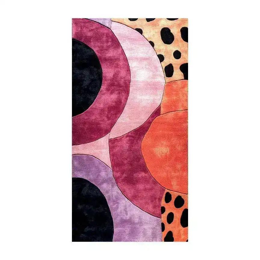 Geometric Animal Print wool runner rug swatch, overlapping magenta, pink and orange circles with leopard print corners