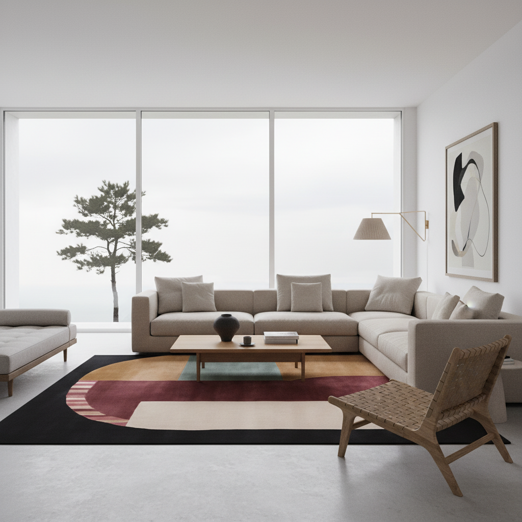 A modern living room featuring a light beige sectional sofa, a matching armchair, a low wooden coffee table, and a large abstract area rug with black, burgundy, and beige sections. The room is styled with a minimalist abstract wall art print, a floor lamp, and a large window looking out onto a tree.