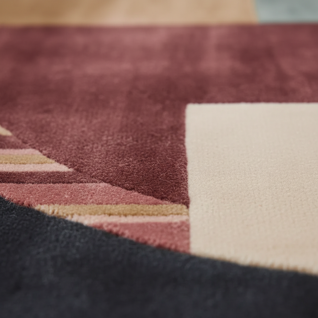 Close-up of a textured area rug with a geometric pattern, featuring a dusty rose field, a cream square, and a dark charcoal curved section.