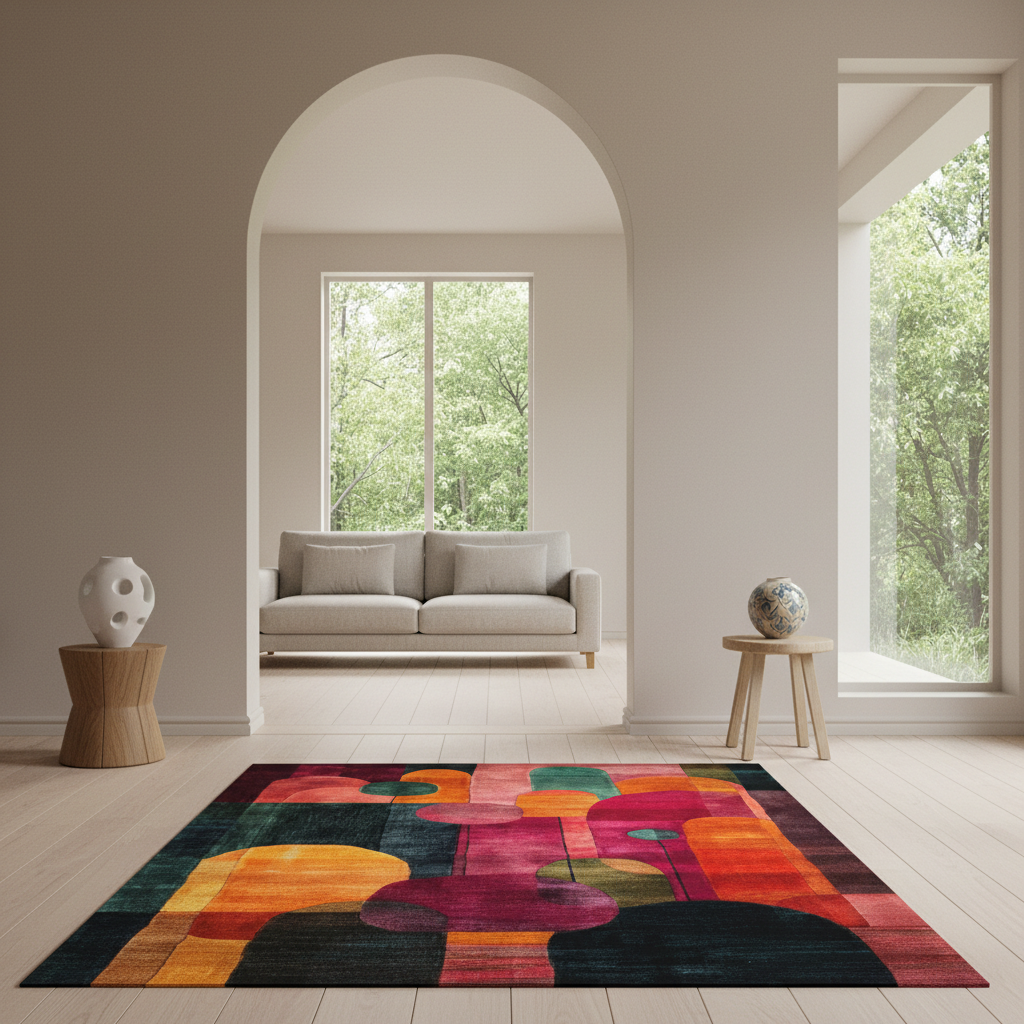 A colorful abstract area rug with a modern puzzle-piece design in shades of orange, pink, yellow, green, and black, styled in a bright, minimalist living room with light wood floors and a beige sofa in the background.
