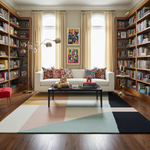 Living room with a white sofa, colorful rug, pillows, and bookshelves.