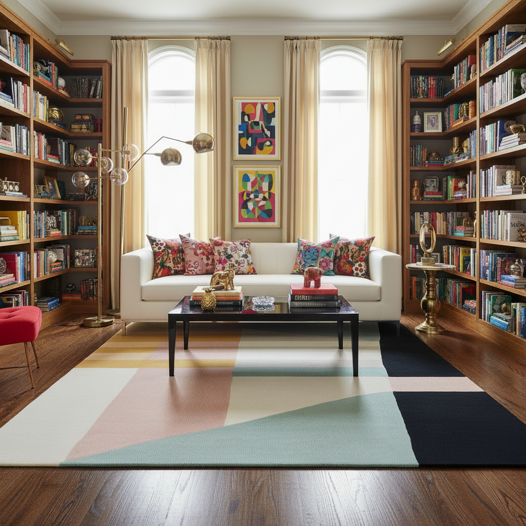Living room with a white sofa, colorful rug, pillows, and bookshelves.